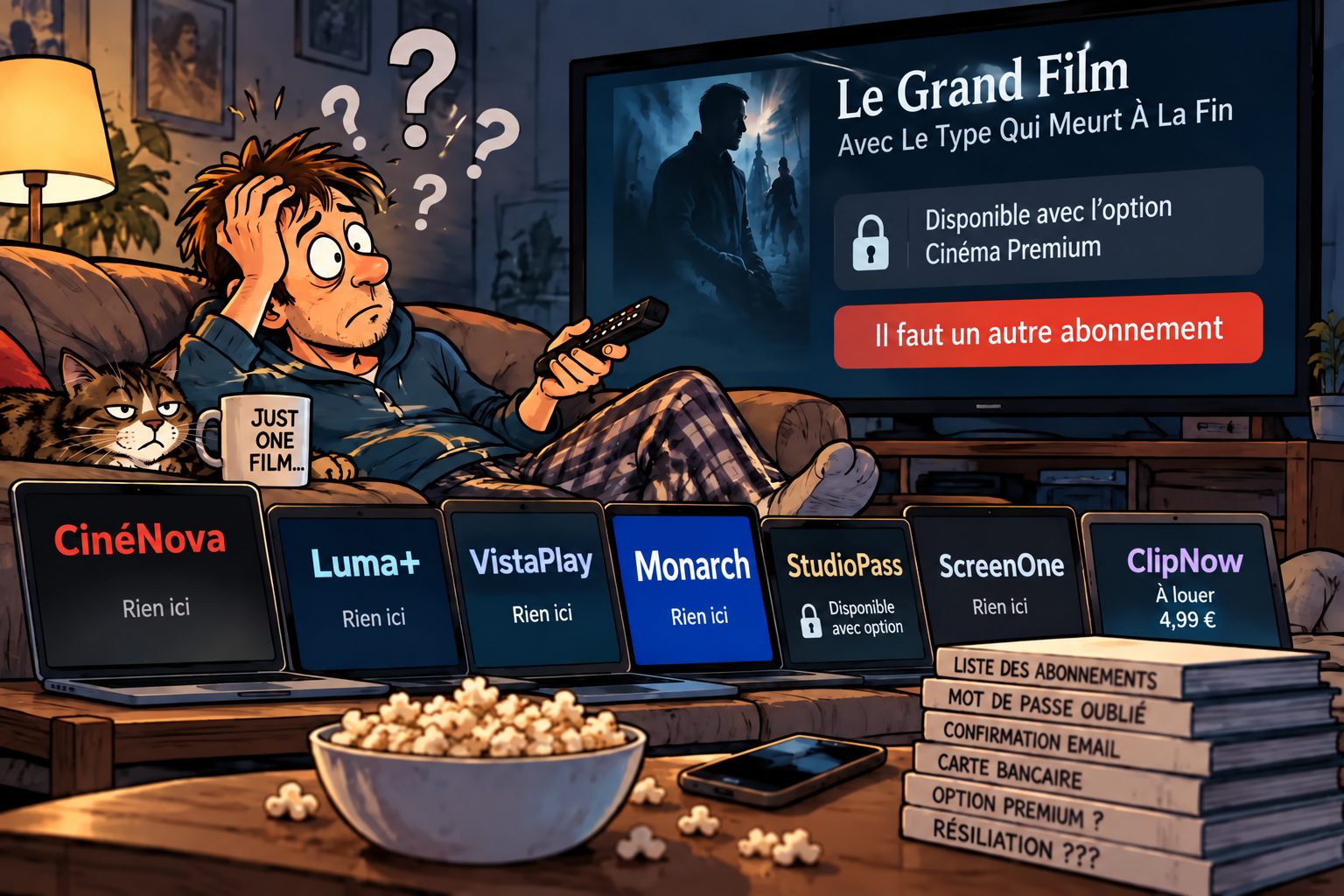 Homme dépassé par la multiplication des plateformes de streaming et des abonnements pour regarder un film.